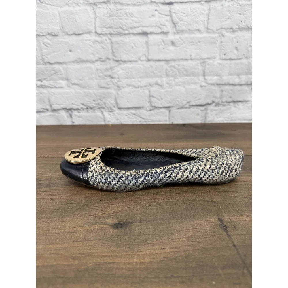 Tory Burch Reva Tweed Ballet Flats Blue Ivory Gold Logo Cap Toe Size 7